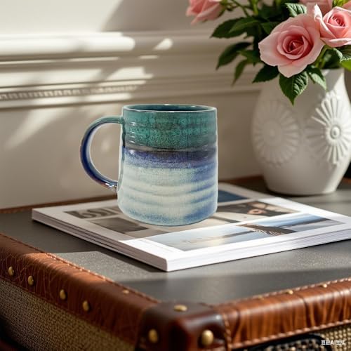 Handmade Ceramic Coffee Mug – 16oz Large Pottery Tea Cup with Wide Bottom & Transmutation Glaze, Microwave & Dishwasher Safe for Home or Office (Grey Blue) - color: Grey Blue