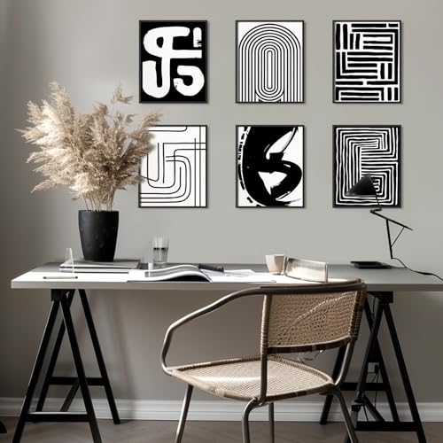 WEBEEDY 6 Pack Black and White Abstract Wall Art Minimalist Geometric Canvas Prints Wall Art Set Unframed Striped Pictures 8x10 Inch Modern Geometric Line Art Print for Office Boho Home Decor