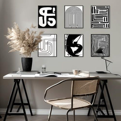 WEBEEDY 6 Pack Black and White Abstract Wall Art Minimalist Geometric Canvas Prints Wall Art Set Unframed Striped Pictures 8x10 Inch Modern Geometric Line Art Print for Office Boho Home Decor