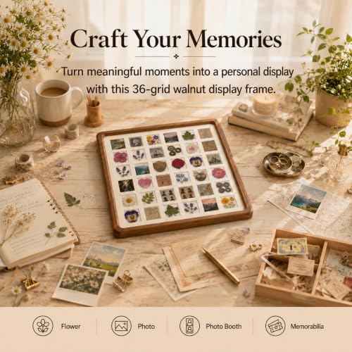 12x12 Solid Walnut 36-Grid Tabletop Shadow Box with Clear PET Panel | 36-Grid Picture Frame Display Case| Walnut shadow box with clear PET panel for flowers, stamps, photos, moms, and collectors.