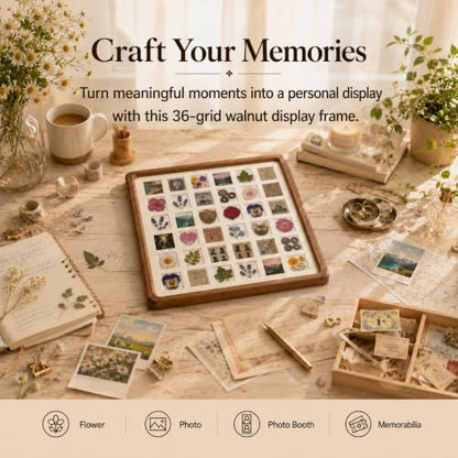 12x12 Solid Walnut 36-Grid Tabletop Shadow Box with Clear PET Panel | 36-Grid Picture Frame Display Case| Walnut shadow box with clear PET panel for flowers, stamps, photos, moms, and collectors.