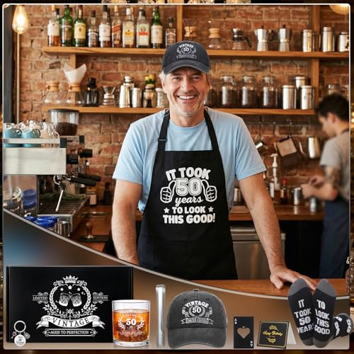 50th Birthday Gifts for Men 50th Birthday Party Supplies | Include 11 Oz Glass Stone Ice Tong Bottle Opener Cap Apron Socks Keychain Greeting Card for Him, Dad, Husband, Friends - style: 50th