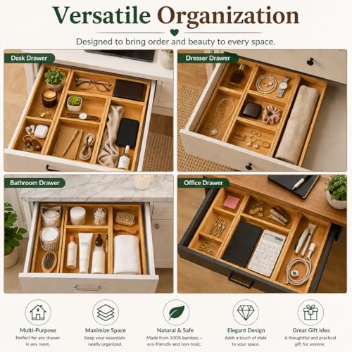 ABABIL Bamboo Drawer Organizer Set of 5, Wooden Storage Tray Inserts for Kitchen, Bathroom, Office, Makeup, Jewelry, Utensils, Desk Accessories and Vanity Drawers, Brown