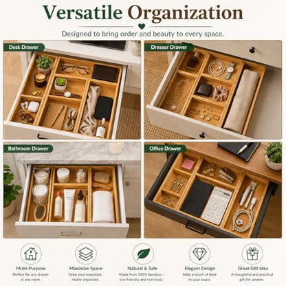 ABABIL Bamboo Drawer Organizer Set of 5, Wooden Storage Tray Inserts for Kitchen, Bathroom, Office, Makeup, Jewelry, Utensils, Desk Accessories and Vanity Drawers, Brown