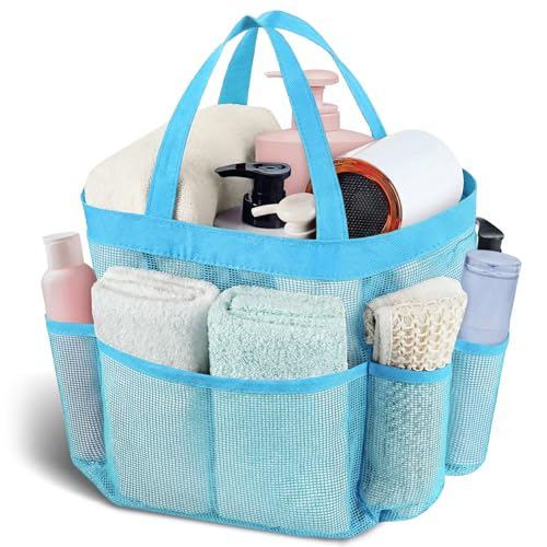 Mesh Shower Caddy Portable - 9 Pockets, Shower Bag for Dorm Room Camping | 2 Handle Quick Dry Shower Bag College Dorm Room Essentials Large Capacity Hanging Basket for Bathroom Travel Swimming Gym - color: light blue