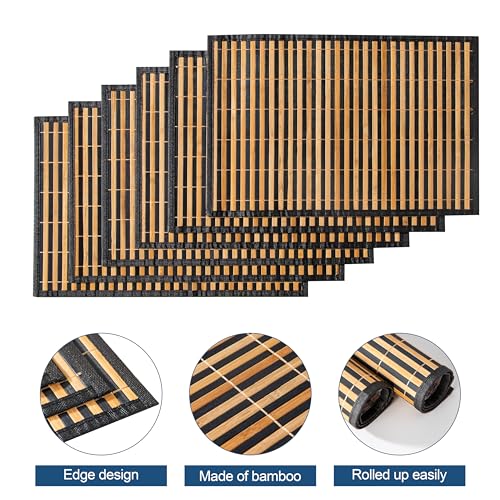 LOVECASA Placemats Set of 6, Bamboo Table Mats Set with Leaf Pattern, 18'' × 12'' Woven Placemat, Washable Heat-Resistant Place Mats for Kitchen, Black Leaf - color: Black