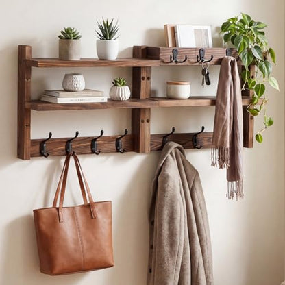 28" Coat Rack Wall Mount with Shelf 4 in 1 Two Tier Wall Shelf Coat and Key Hanger with 11 Hooks Entryway Key Holder with Mail Holder for Hallway Entryway Bathroom Mudroom Bedroom, Rustic Brown
