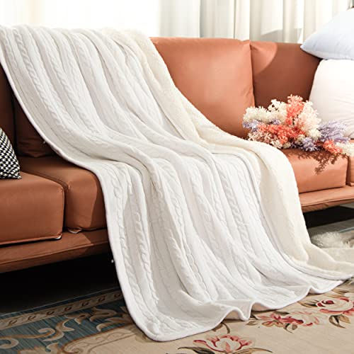 NTBAY Twin Cotton Cable Knit Sherpa Blanket, 60 x 80, White | Cotton Cable Knit Front with Warm Sherpa Reverse, 60 x 80 Inch Twin Blanket for Bed, Sofa, and Cold-Weather Layering - color: White