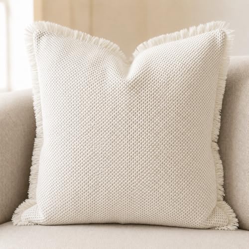 SanVia Cotton Throw Pillow Covers 20x20 – Handwoven Jacquard Texture, Fade-Resistant, No Pilling – Hidden Zipper, Decorative Cushion Cover for Sofa, Couch, Bed – Insert Not Included (Farmhouse, White) - color: Cream, size: 20" x 20" (Pack of 1)