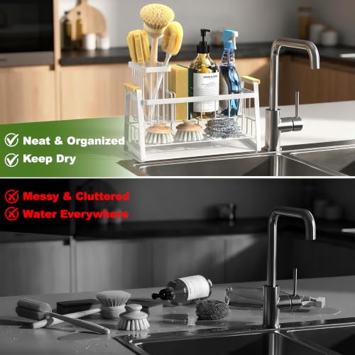 Housolution 2-Tier Sponge Holder for Kitchen Sink Caddy with Brush Holder | Auto-Draining, Suction Cups, Wooden Handle , Kitchen Sink Countertop Organization Storage, Dish Soap Holder, Rustproof, White - color: White