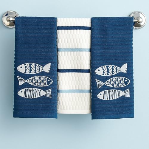 Coastal Kitchen Towels- Set of 3 Navy Blue 100% Cotton Embroidered Fish Design - 16 x 26 Multipurpose Towels for Everyday Use - color: Fish Trio