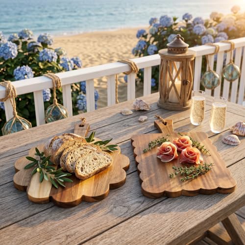 2 Pcs Acacia Wood Scalloped Cutting Chopping Board with Handle Decorative Cutting Boards for Kitchen Charcuterie Serving Tray Prep, Meat, Cheese, Bread, Fruit (with Hanging Rope & Holder)