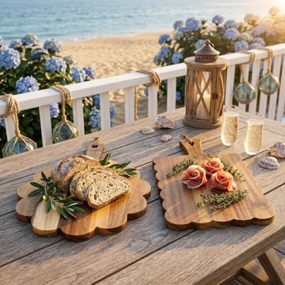 2 Pcs Acacia Wood Scalloped Cutting Chopping Board with Handle Decorative Cutting Boards for Kitchen Charcuterie Serving Tray Prep, Meat, Cheese, Bread, Fruit (with Hanging Rope & Holder)
