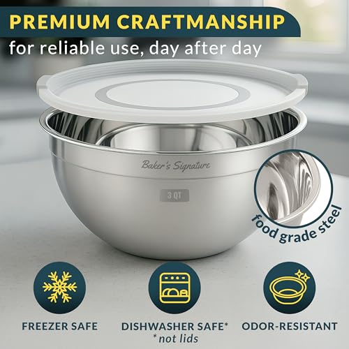 Stainless Steel Mixing Bowls with Lids Set of 3, Nesting Metal, 1.5/3/5 Qt | Mirror-finish interior, dishwasher safe & BPA-free; stack for food prep, baking, storage & serving - size: Set of 3