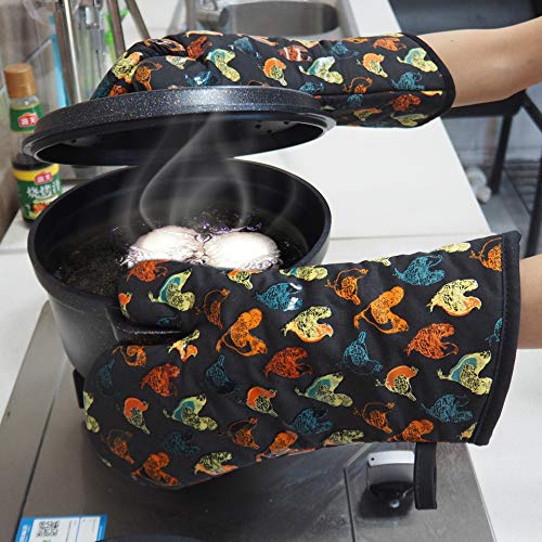 Oven Mitts 1 Pair, Non Slip Clear Silicone Printed Rooster Kitchen Gloves | Heat Resistant 480 ℉ Comfortable Cotton Lining Kitchen Men Cooking Barbecue Machine Washable (Rooster, Black Mittens) - color: Rooster, Black Mittens