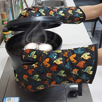Oven Mitts 1 Pair, Non Slip Clear Silicone Printed Rooster Kitchen Gloves | Heat Resistant 480 ℉ Comfortable Cotton Lining Kitchen Men Cooking Barbecue Machine Washable (Rooster, Black Mittens) - color: Rooster, Black Mittens
