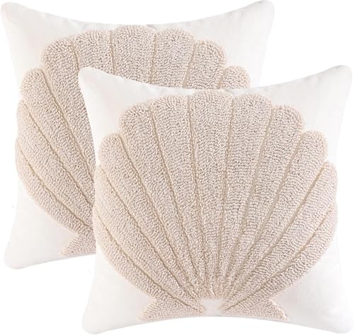 Embroidered Throw Pillow Covers 18x18 Pack of 2 Beige Seashell | Durable Fabric,Ocean-Themed,Decorative Pillow Covers,Boho Decor,Hidden Zipper,Aesthetic Design,Ideal Gift,Machine Washable - color: Beige Seashell