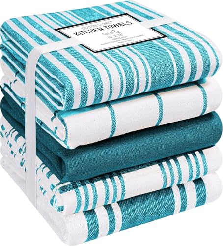 Assorted Kitchen Towels 5 Pack – Soft Absorbent Quick Drying Table & Kitchen Linen - Dish Towels, Dish Cloths, Tea Towel and Cleaning Towel with Hanging Loop – 16x28 / Teal Green White - color: Teal White