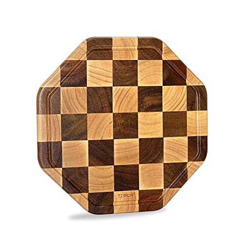 TJ POP End Grain Wood Cutting Board With Juice Groove, Octagon Serving Board For Kitchen, Flippable Charcuterie Board For Cheese, Bread & Fruits, 12x12x0.8 Inch - color: Octagon checkerboard