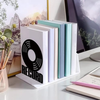 5.3"x4.3"x6.7" Metal Bookends, Heavy Duty Book Ends for Shelves | Vinyl Records Theme Cast Iron Book Supports, 1 Pair Decor Stoppers for Desk, Library, Office & Home Shelves - style: Vinyl Records