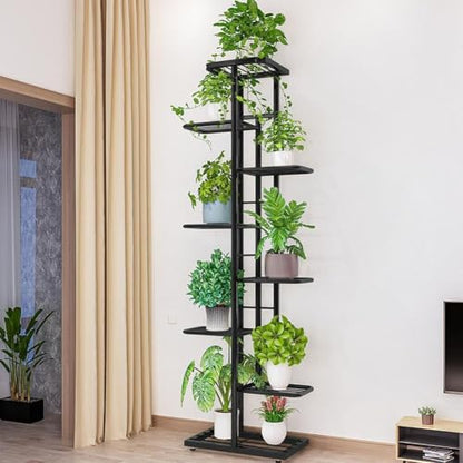 Garvee Metal Plant Stand Indoor Outdoor, 8 Tiers 9 Potted Multiple Flower Pot Holder Shelf, Corner Tall Plant Holders Tiered Plants Display Rack for Garden Balcony Patio Dark Gray with Silver