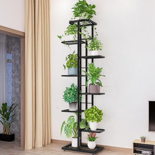 Garvee Metal Plant Stand Indoor Outdoor, 8 Tiers 9 Potted Multiple Flower Pot Holder Shelf, Corner Tall Plant Holders Tiered Plants Display Rack for Garden Balcony Patio Dark Gray with Silver