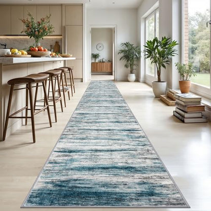 KOZYFLY Modern Abstract Hallway Runner Rug, 2.6x20 Washable Rug Runner Non-Slip Soft Striped Stair Runner Rugs, Print Blue Carpet Runner for Kitchen Entryway Bathroom Laundry Room Foyer - color: Blue, size: 2'8" x 20' (Runner)