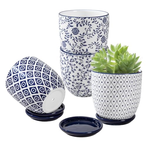 Ceramic Succulent Planter Pots - 4.6 Inch Small Flower Pot with Saucers and Drainage Holes for Cactus, Herbs, Indoor Plant, Outdoor Plants, Home Decor, Set of 4, Vintage Blue - size: 4.6 Inch