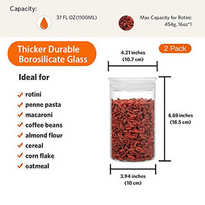 ZENS Glass Jars with Airtight Lid Set of 2, 37oz Kitchen Storage Jars | Clear Glass Canisters with Airtight Lids, Thick Borosilicate Glass Airtight Containers for Cereal, Dry Food Storage - size: 8-37oz 2Pack