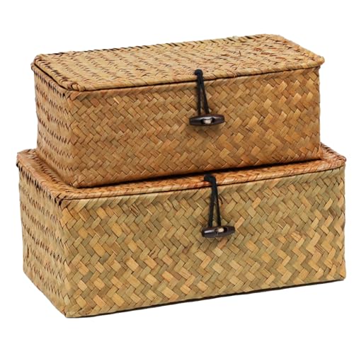 Set of 2 Wicker Basket with Lid, Seagrass Woven Basket for Storage | Decorative Storage Baskets Bins for Organizing Home, Shelf Storage Boxes, Rectangular Woven Design, Multipurpose Home Decor - color: Natural, size: 10.23" x 6.3" x 4.13"+ 9.05" x 5.11" x