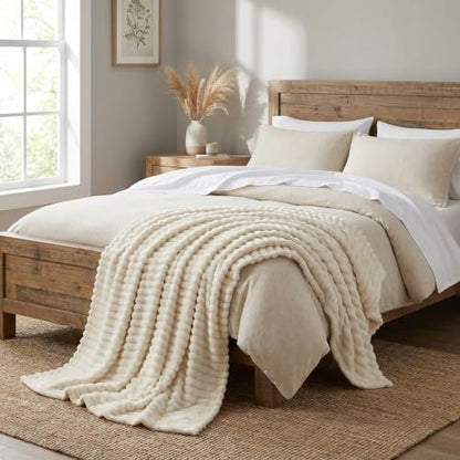 Nookly Beige Twin Size Fleece Blanket, Soft Lightweight Ribbed Plush Bed Blanket, Cozy All-Season Striped Fleece Twin Throw for Bedroom and Home, 60x80 Inches - color: Beige, size: Twin(60"x80")
