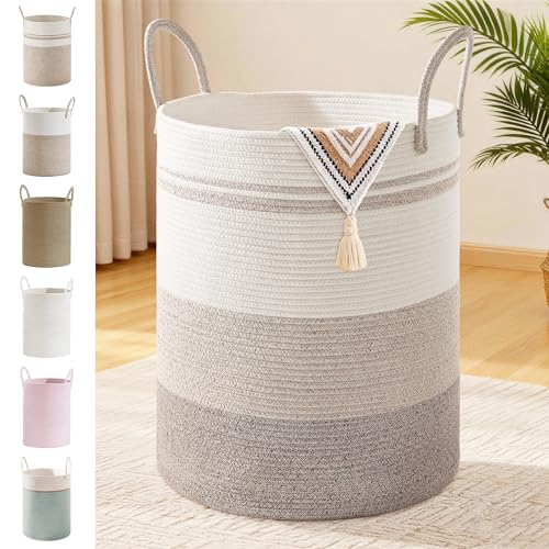 100L Extra Large Tall Cotton Rope Laundry Basket with Handle, Brown Striped | Storage Bin for Clothes, Blankets & Kids Toys, Boho Woven Hamper, Portable Organizer for Nursery, Bedroom, Living Room - color: Brown Striped, size: 100L