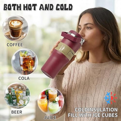 30oz Flip Straw Insulated Water Bottle with Handle, Leak Proof Stainless Steel Travel Tumbler With Lid, Double Wall Vacuum Iced Coffee Travel Mug, Sport Cup, Outside use - color: WineRed