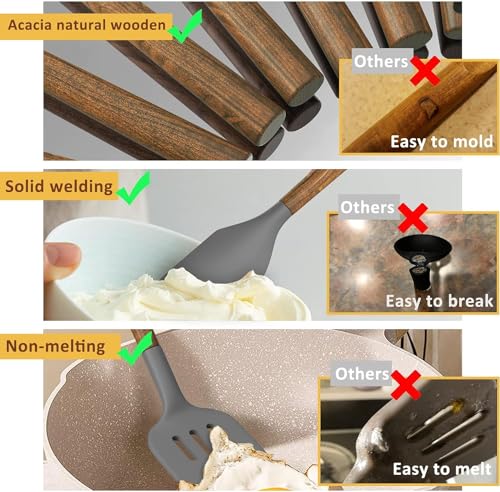 Umite Chef Silicone Cooking Utensil Set, 8-Piece Kitchen Utensils Set with Natural Acacia Wooden Handles,Food-Grade-Silicone Kitchen Gadgets and Spatula Set for Nonstick Cookware - Grey - color: Gray