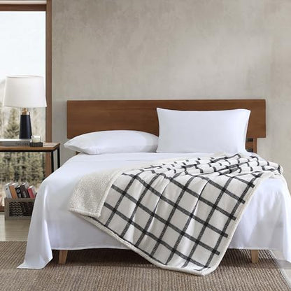 Eddie Bauer - Throw Blanket, Brushed Fleece & Plush Sherpa Bedding, Blanket for Couch & Bed (Bunkhouse Plaid Beige, 50" x 60") - color: Bunkhouse Plaid Beige, size: 50" x 60"