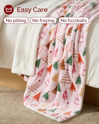 Christmas Sherpa Blanket Throw Size, Reversible Blanket - Pink Trees, 50x60 | Super Soft Double Sided Throw for Bed, Sofa, Couch, Reversible Sherpa Fleece Blanket, Thick, Warm, Plush, Xmas Winter Bedding - color: 02- Pink Trees