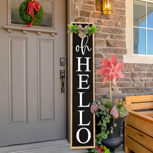 Oh Hello Porch Welcome Sign for Front Door Decor, 45"X9", Wood | Outdoor Vertical Standing, Tall Wooden Framed, Rustic Farmhouse Style, Yard Decoration - color: Oh Hello Sign (Wood Black), size: 45"X9"