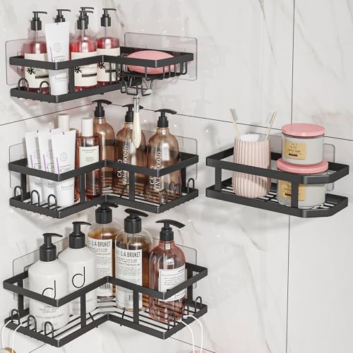 Youvip Shower Caddy Corner No Drilling-Adhesive, Shower Shelves-Rustproof | Organizer for Dorm. Black, 4-Pack - with Soap Holder - color: Black-4pc