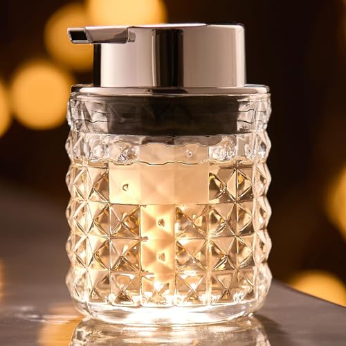 CICUFY Foaming Hand Soap Dispenser, Glass Foam Soap Dispenser or Lotion Dispenser for Kitchen & Bathroom Refillable Clear Glass Liquid soap Dispenser with Large Silver Pump-1 Pack - color: Clear-1 Pcs, style: Foam/Diamond Pattern/Silver Top