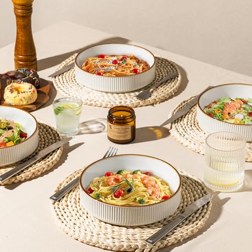 GBhome 7.5 Inch Pasta Bowls Set of 6, Ceramic Salad Bowls, Warm White | Double Reactive Glaze Bowls for Pasta, Noodles & Fruit, Scratch Resistant, Microwave & Dishwasher Safe - color: Warm White, size: Set of 6