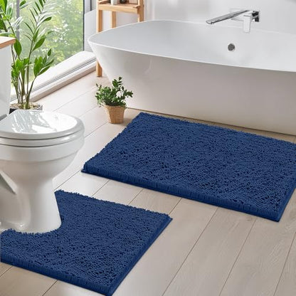 Bathroom Rugs Sets 2 Piece, Luxury Chenille Bath Mat Set, Soft Plush Anti-Slip Bath Rug + U-Shaped Toilet Mat. Microfiber Shaggy Carpet, Super Absorbent. (31''x 20'' Plus 20'' x 20'' U, Blue) - color: Blue, size: 2 Piece Set