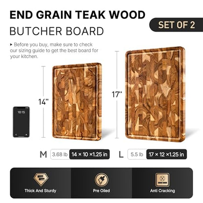 Teak Wood End Grain Cutting Board Set of 2 with Non-slip Feet, Reversible Cutting Boards for Kitchen with Juice Grooves and Handles Non Toxic Chopping Board Butcher Block Serving Tray Kitchen Gift - size: Multiple Sizes (Set of 2)