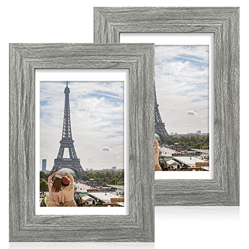 Hongkee 5x7 Picture Frame Set of 2, Made of Real Glass and Rustic Grey Wooden Frame - Display Pictures 4x6 with Mat or 5x7 Without Mat, 5 by 7 Photo Frame for Wall or Tabletop Display - color: Grey, size: 5x7 in