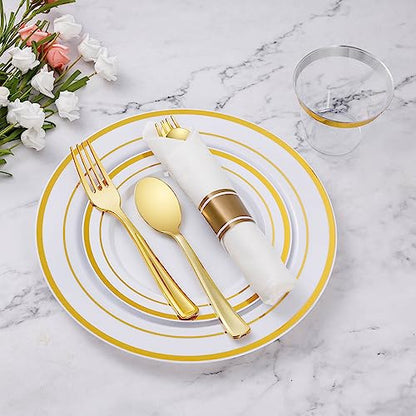 175 Piece Gold Plastic Dinnerware Set for 25 Guests | Disposable Dinnerware Includes: 25 Dinner Plates, 25 Dessert Plates, 25 Pre Rolled Napkins with Gold Silverware, 25 Cups - color: Gold, style: 175 Piece (25 guests)