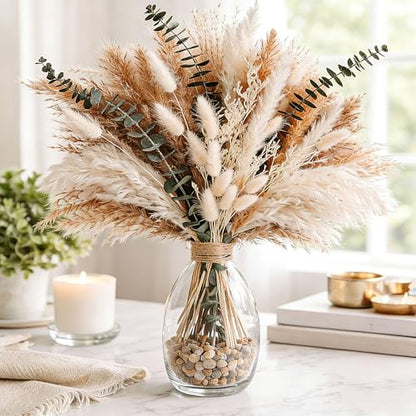 Dried Flower Bouquet - Pampas Grass, Bunny Tails, Olive Green Eucalyptus & Preserved Flowers - Boho Chic Home Decor, Rustic Wedding Centerpiece, Farmhouse Style Arrangement (Vase Not Included)