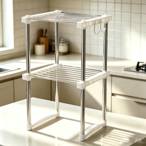 BLULEE Expandable Cabinet Organizer, Adjustable Storage Shelf White | Multi-Purpose Plastic & Metallic Steel Storage Rack for Kitchen, Living Room, and Dorm Organization（2 Pack ） - color: White, size: 2Pack