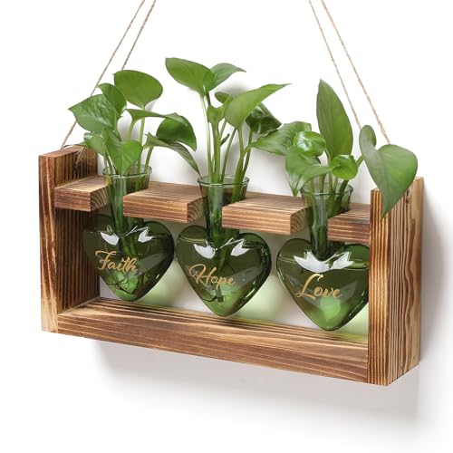 Plant Terrarium Propagation Stations Hydroponics | Home Garden Decoration Gift for Women with Wooden Stand Heart Shaped Colored Glass Vase - color: Green(Faith Hope Love)