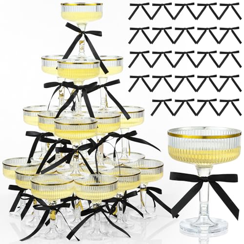 Set of 24 Plastic Champagne Coupe Glasses with Bow 7 oz Gold Champagne Tower Set Stackable Acrylic Ribbed Martini Glasses Cocktail Coupe Cup for Wedding Birthday Party Bar(Bowknot,Black) - color: Black, style: Bowknot