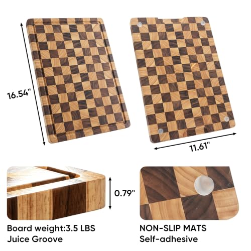 End Grain Checkerboard Cutting Board, Premium Butcher Block with Juice Groove & Built-in Handles, Reversible Wooden Chopping Board for Kitchen Prep, Meat & Charcuterie