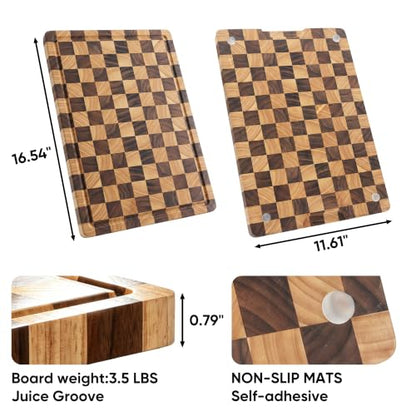 End Grain Checkerboard Cutting Board, Premium Butcher Block with Juice Groove & Built-in Handles, Reversible Wooden Chopping Board for Kitchen Prep, Meat & Charcuterie